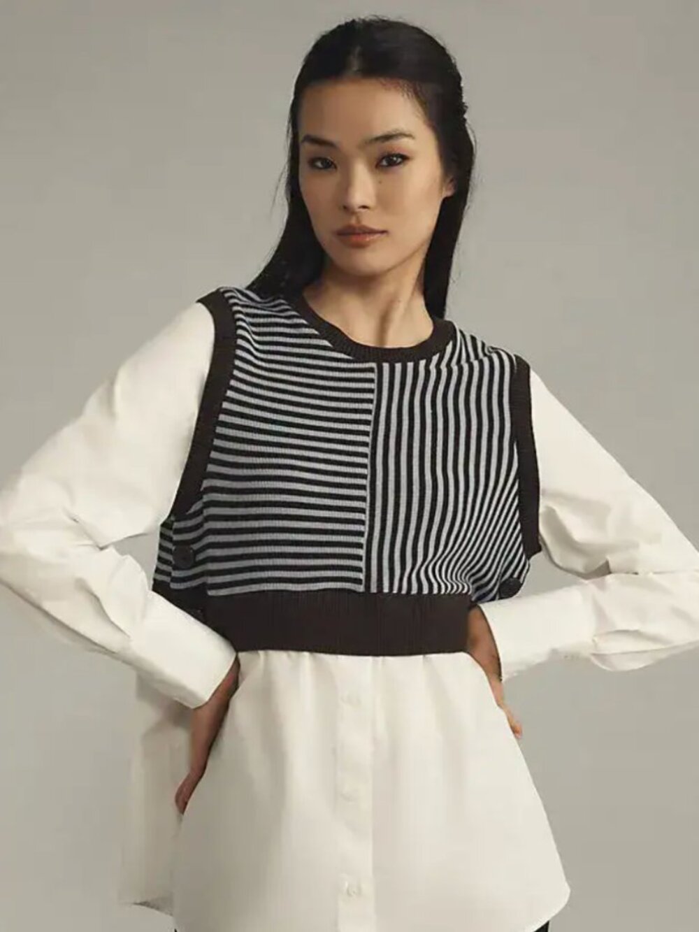 Maeve Long-Sleeve Linen Twofer Sweater Vest Top